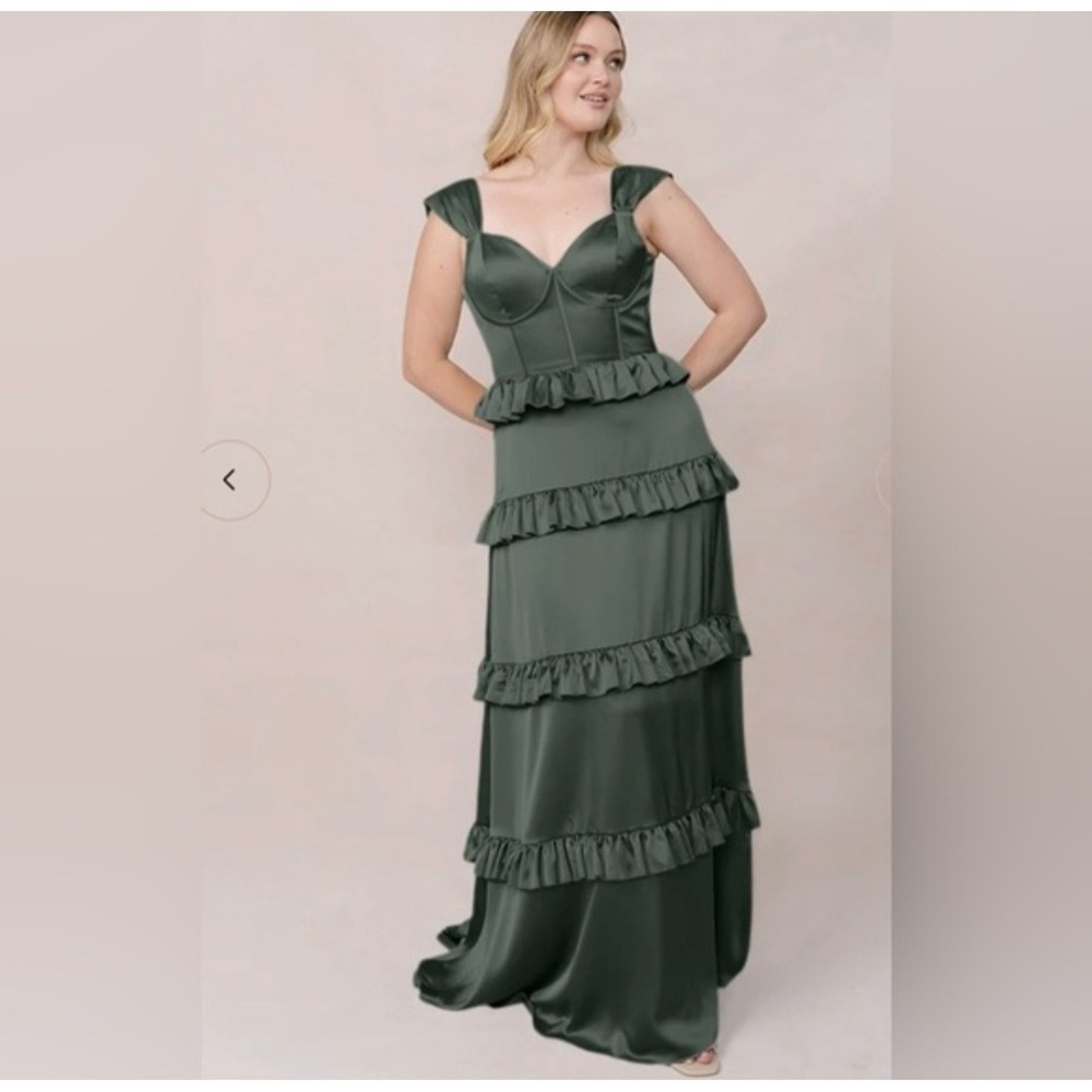 Revelry Olive Green Satin Tiered Ruffle‎ Corset Maxi Dress Size 4 Formal Gown